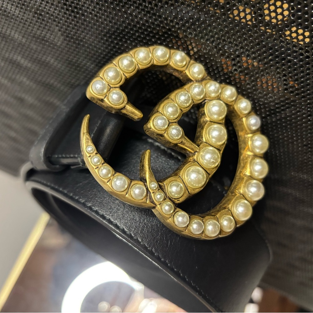 Gucci Black Belt with Gold and Pearl Buckle